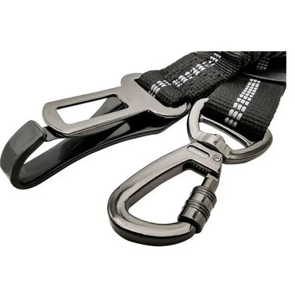 Heavy-duty black dog seat belt leash with reflective stitching and metal clips