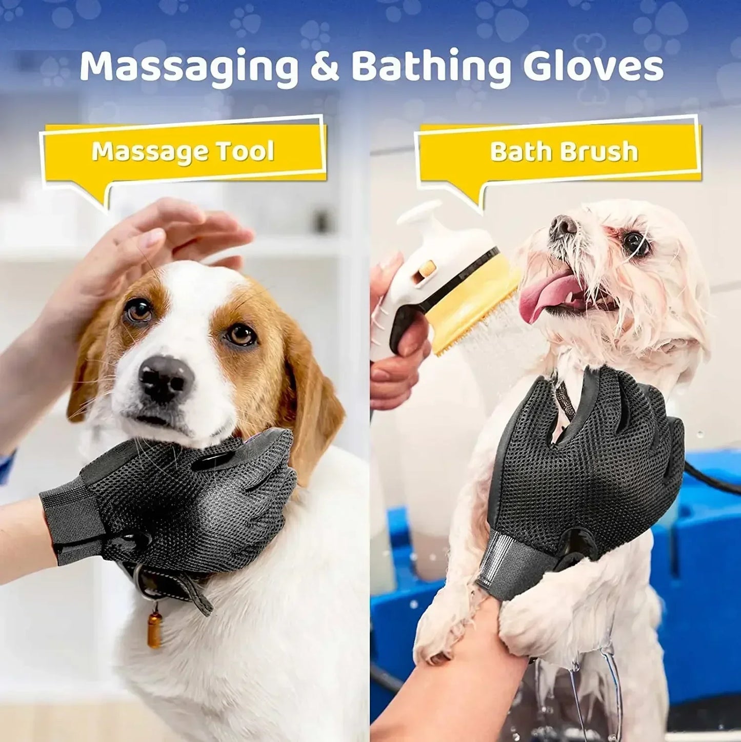 Pet grooming gloves massaging and bathing dogs, shown as massage tool and bath brush.