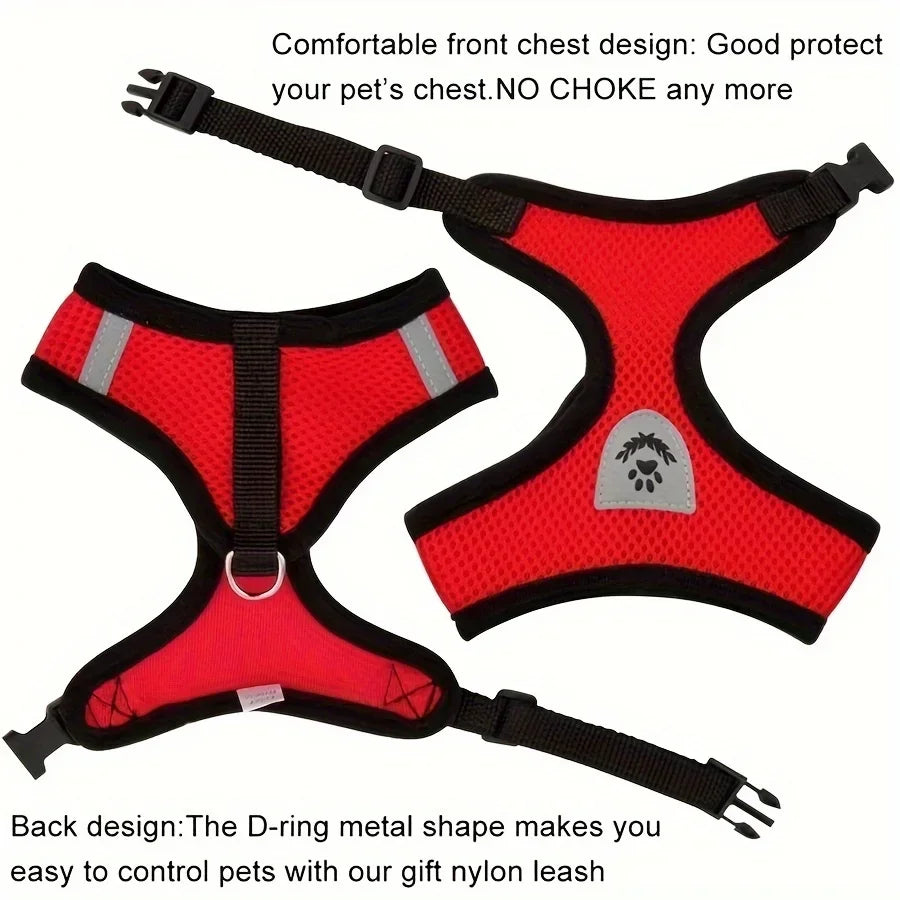 Red no-choke dog harness with reflective strips, adjustable straps, secure D-ring, and breathable mesh.
