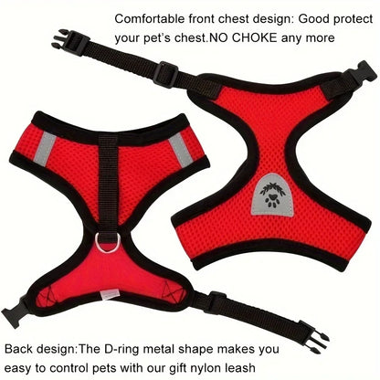 Red no-choke dog harness with reflective strips, adjustable straps, secure D-ring, and breathable mesh.