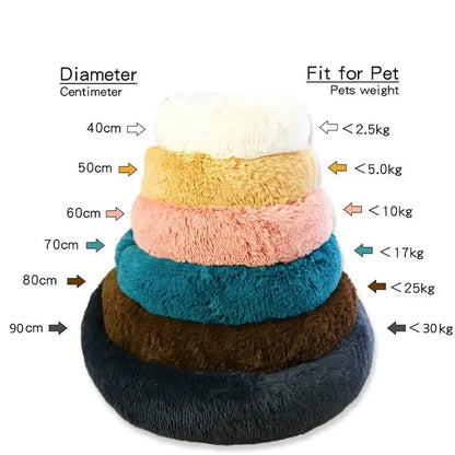 Stack of plush pet beds in various sizes and colors with weight and diameter guides for dogs and cats