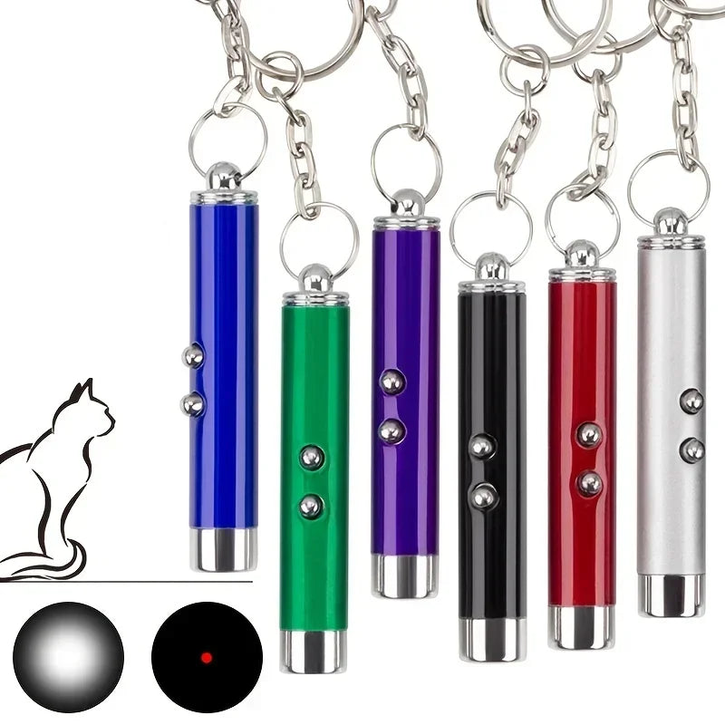 Colorful LED laser pointer toys for cats with keychains, ideal for interactive play.