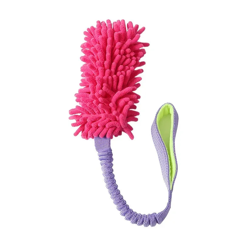 Bright pink and purple textured dog tug toy with chenille mop head and loop handle