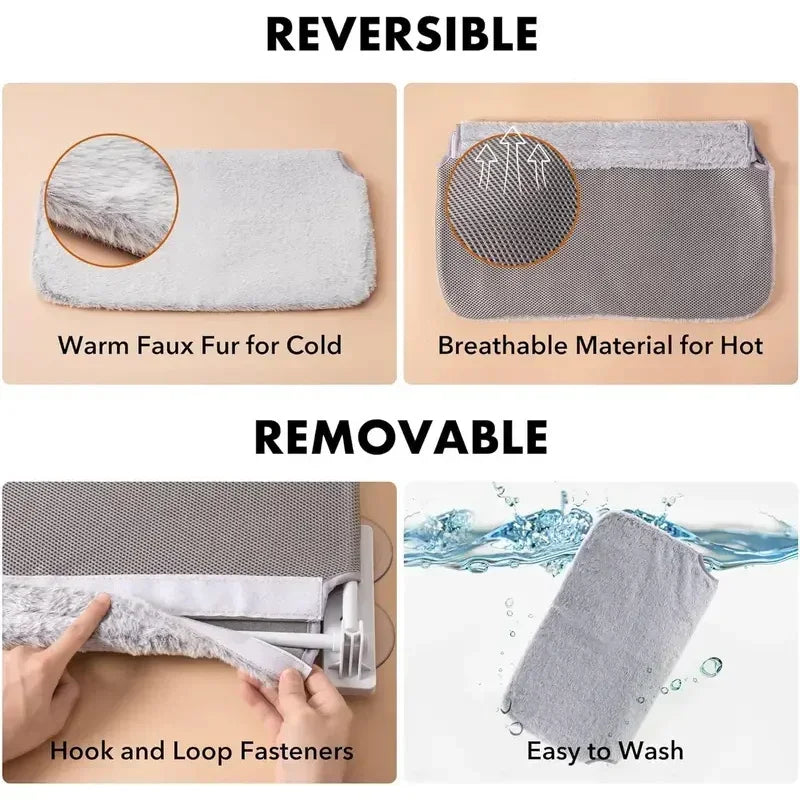 Reversible pet bed cover with faux fur for warmth, breathable side for cooling, removable and washable with hook and loop fasteners.