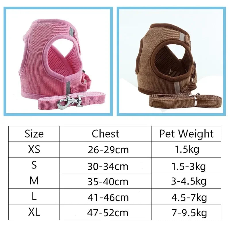 Pink and brown pet harnesses with leashes and size guide for chest and weight.