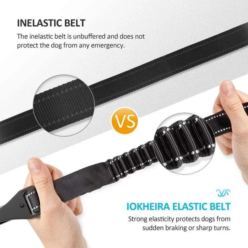 Comparison of inelastic dog seat belt versus IOHKEIRA elastic dog seat belt for pet safety.
