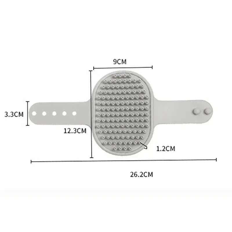 Gray silicone pet grooming brush with adjustable strap and measurement labels