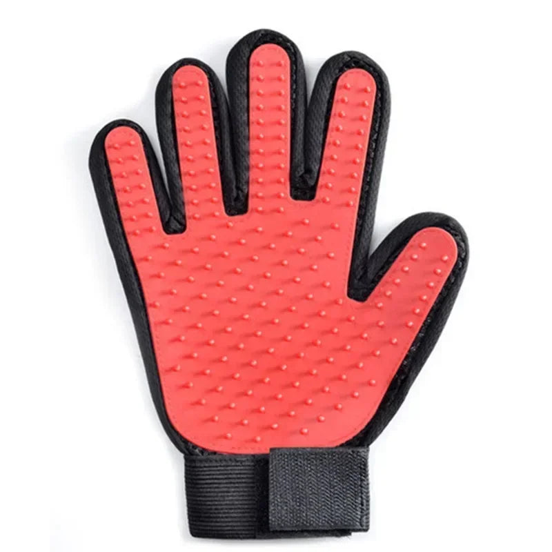 Red and black pet grooming glove with silicone bristles for dog and cat hair removal