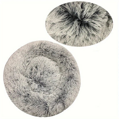 Round fluffy gray pet bed with soft faux fur, ideal for dogs and cats, shown in close-up.