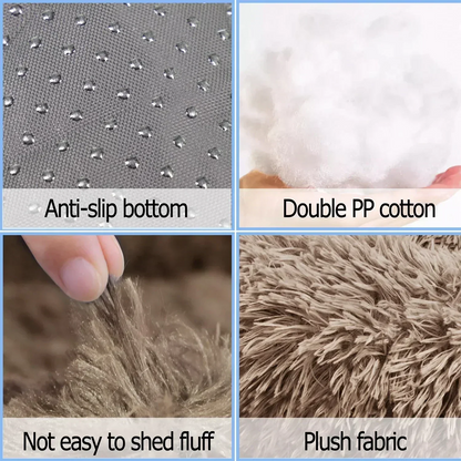 Dog bed features anti-slip bottom, double PP cotton, durable plush fabric, and no-shed fluff.