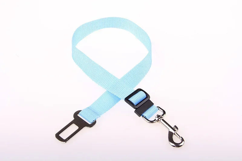Light blue adjustable dog seat belt leash with metal buckle and clasp on white background