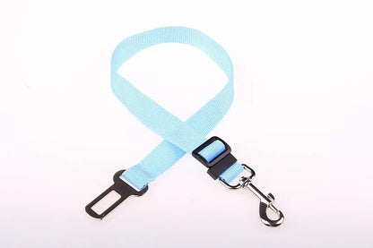 Light blue adjustable dog seat belt leash with metal buckle and clasp on white background