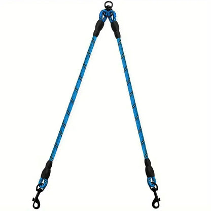 Blue double dog leash splitter with durable rope and metal swivel clips on white background