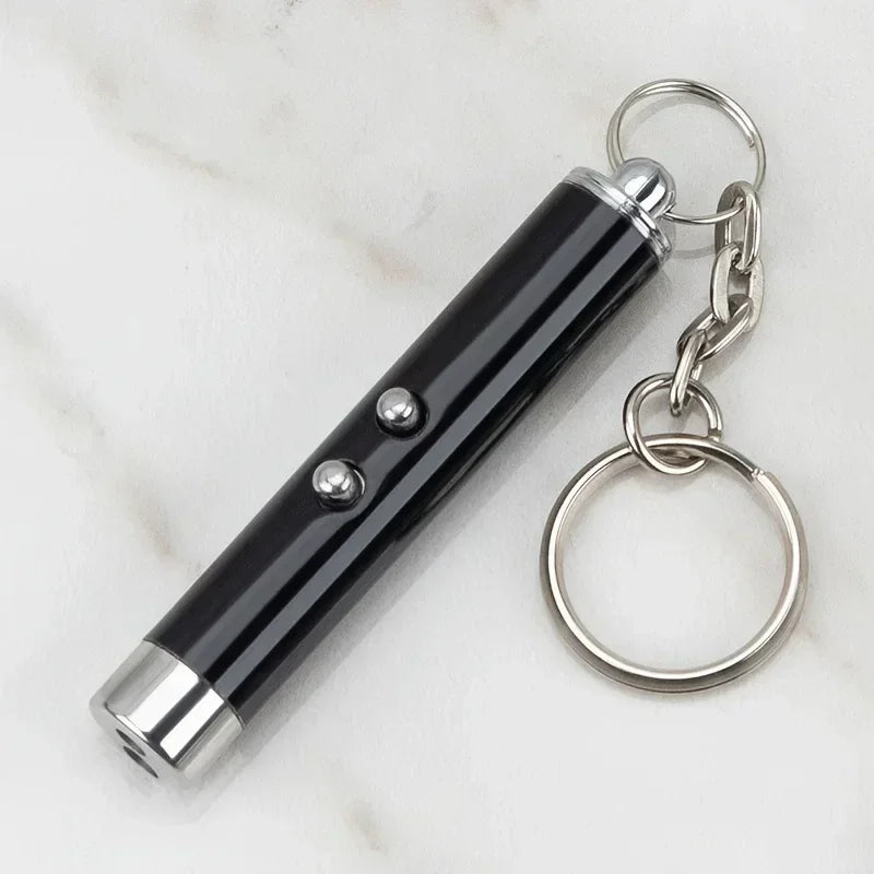 Black pet laser pointer toy with keychain for cats and dogs on marble surface