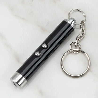 Black pet laser pointer toy with keychain for cats and dogs on marble surface