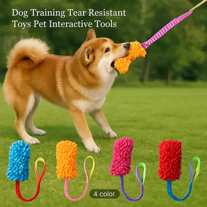 Dog playing outside with a tear-resistant tug toy, interactive chew toys in 4 colors displayed.