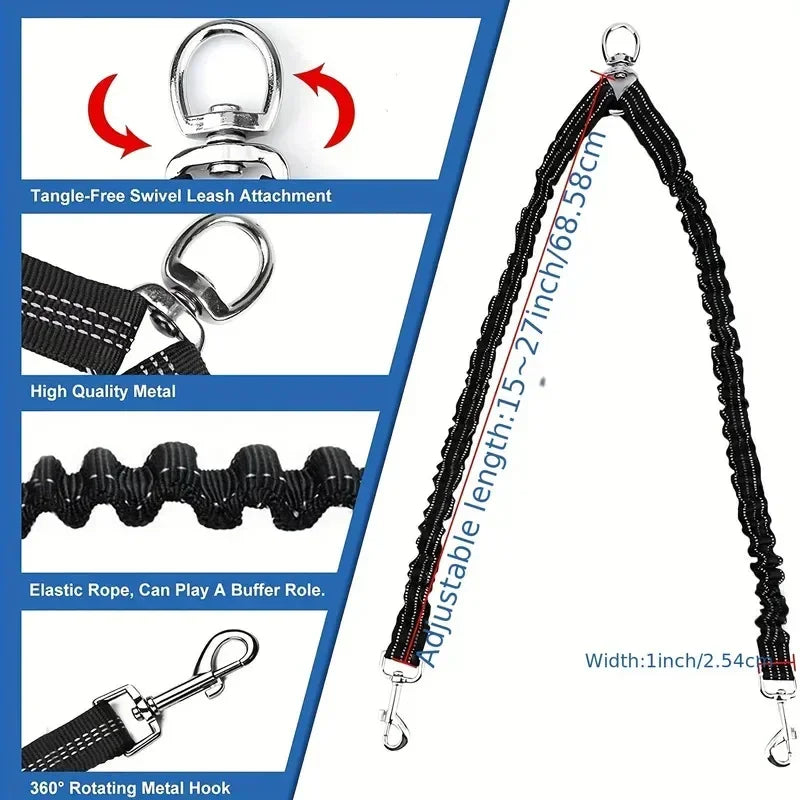 Adjustable dual dog leash splitter with elastic rope, swivel attachment, and metal hooks.