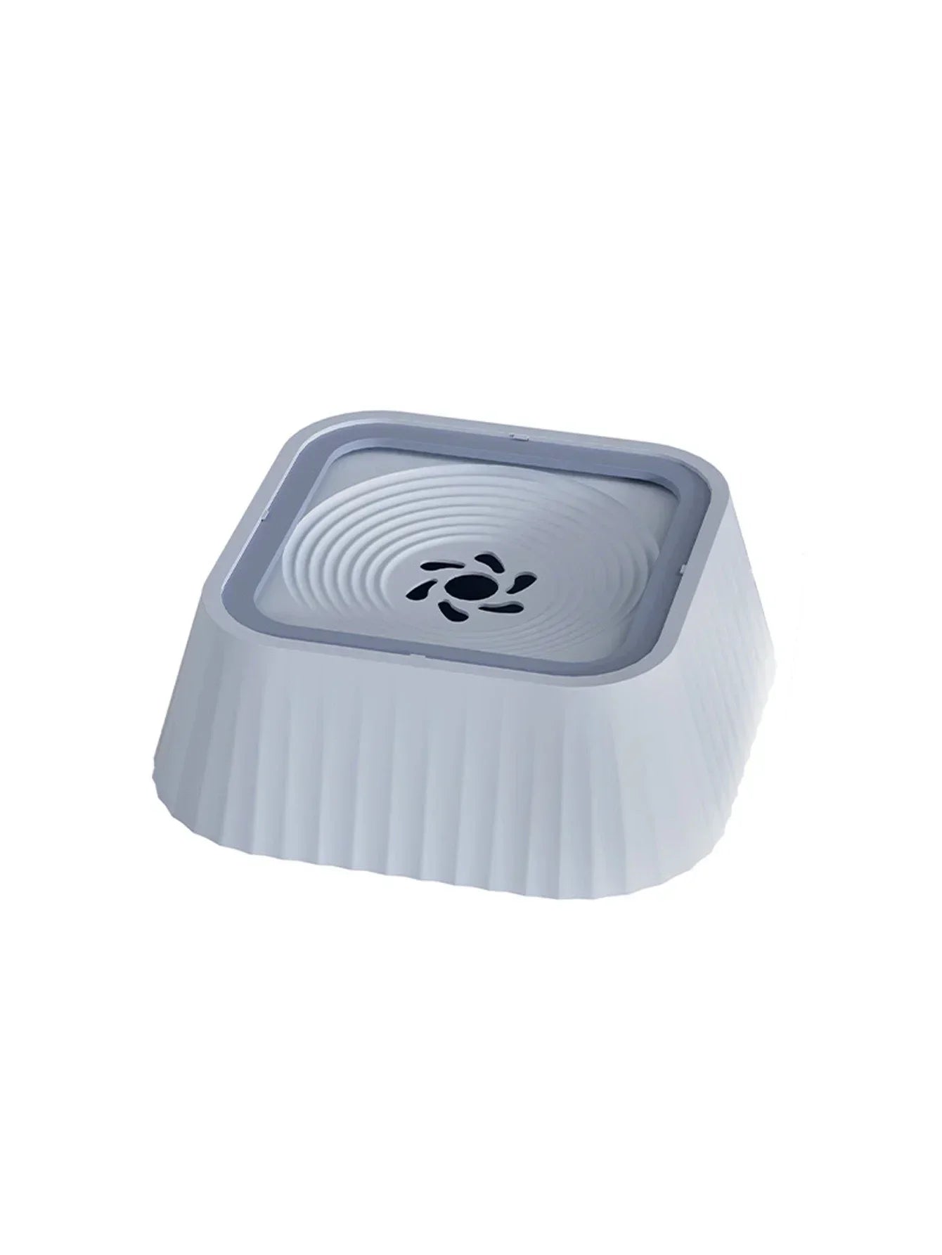 Square gray pet water bowl with anti-spill design on white background
