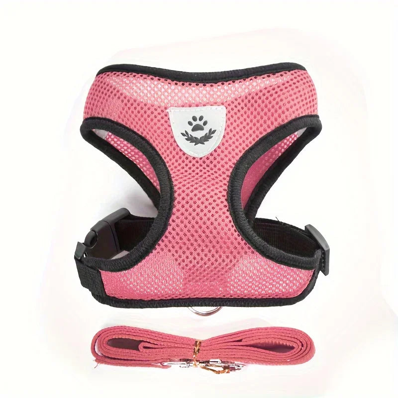 Pink mesh dog harness with black trim and matching leash, breathable pet walking accessory