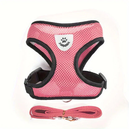 Pink mesh dog harness with black trim and matching leash, breathable pet walking accessory