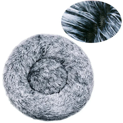Round fluffy grey pet bed with soft faux fur texture, shown with close-up fabric detail.