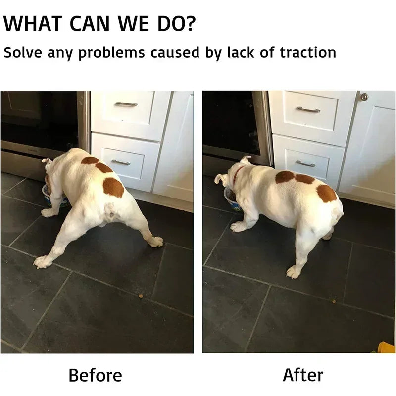 Before and after photos of a bulldog eating, showing improved traction on kitchen floor