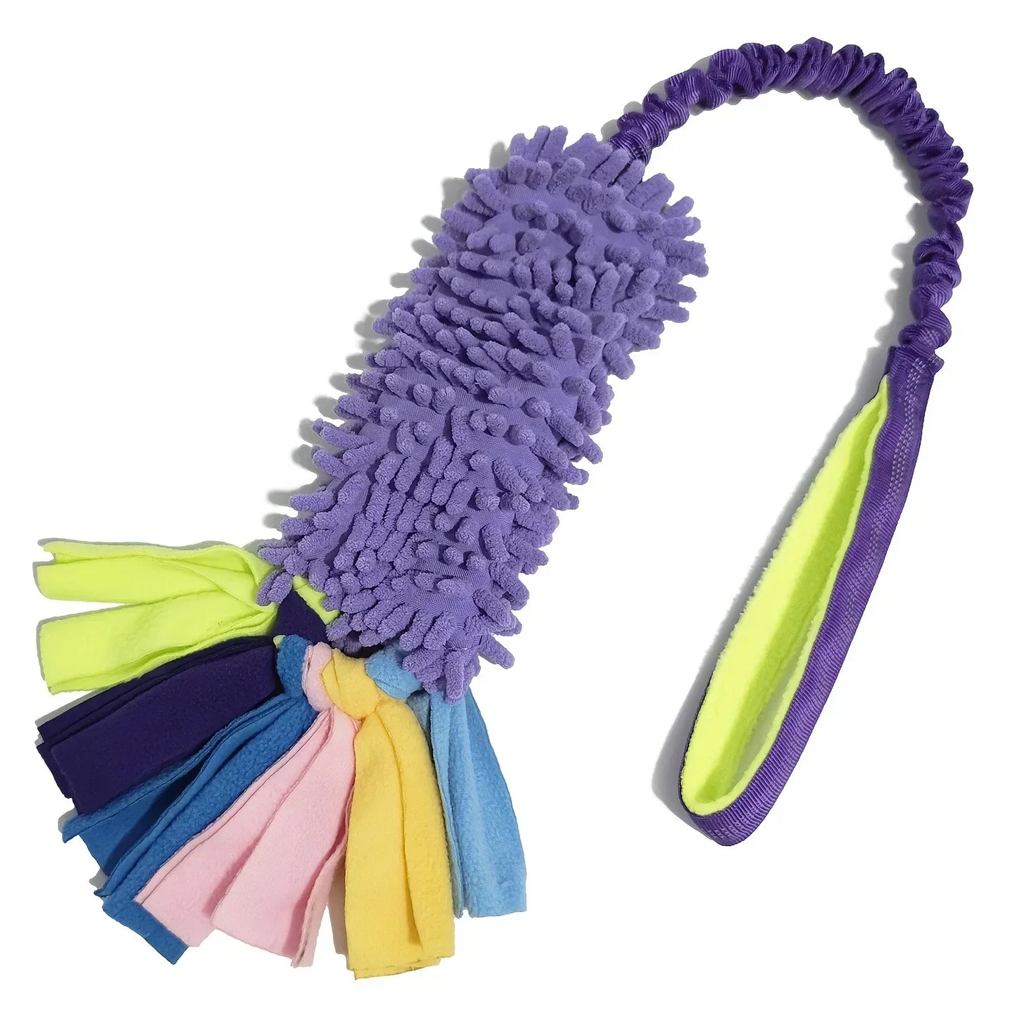 Colorful plush dog tug toy with textured purple body and fleece tassels, durable handle