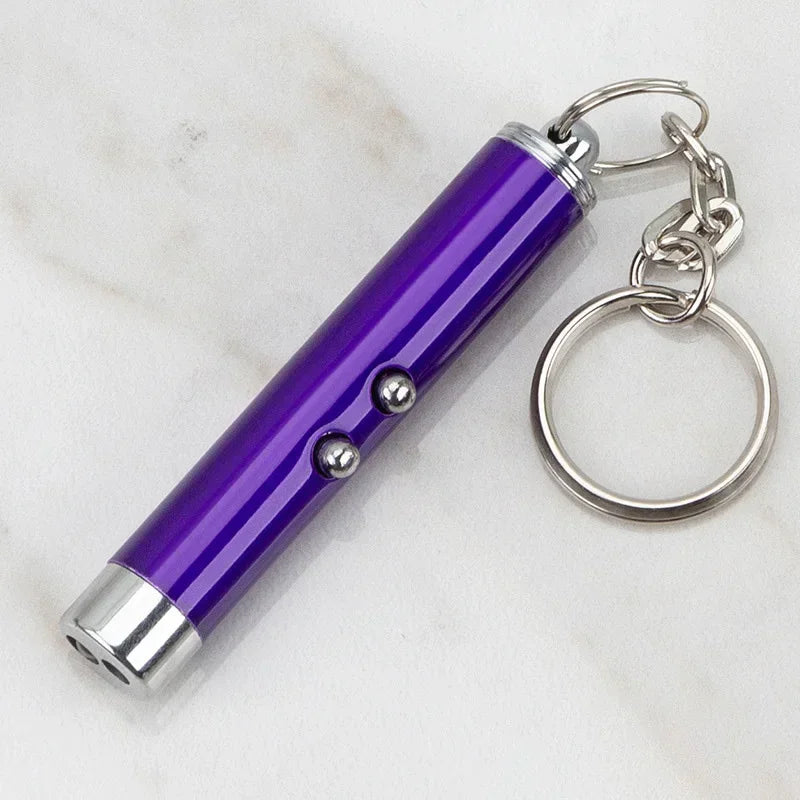 Purple pet laser pointer toy keychain with silver rings on marble background