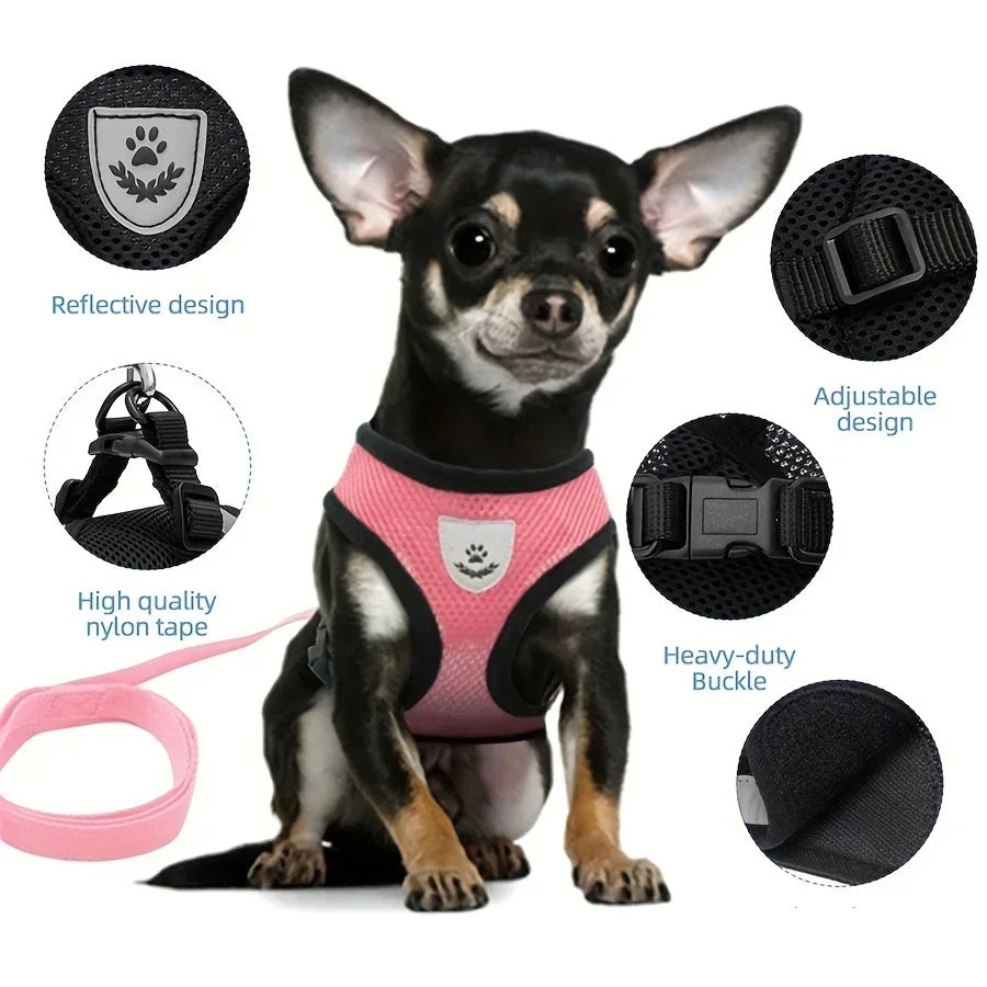 Small dog wearing a reflective, adjustable pink harness with high-quality nylon tape and heavy-duty buckle, surrounded by close-ups of harness features.
