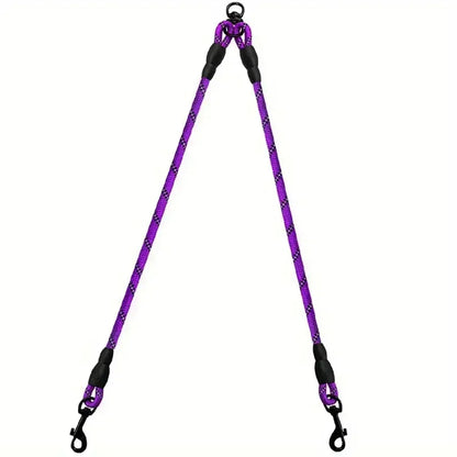 Purple double dog leash splitter with black clasps and reflective stitching on white background