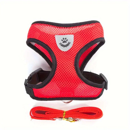 Red mesh dog harness with adjustable straps and matching red leash on white background