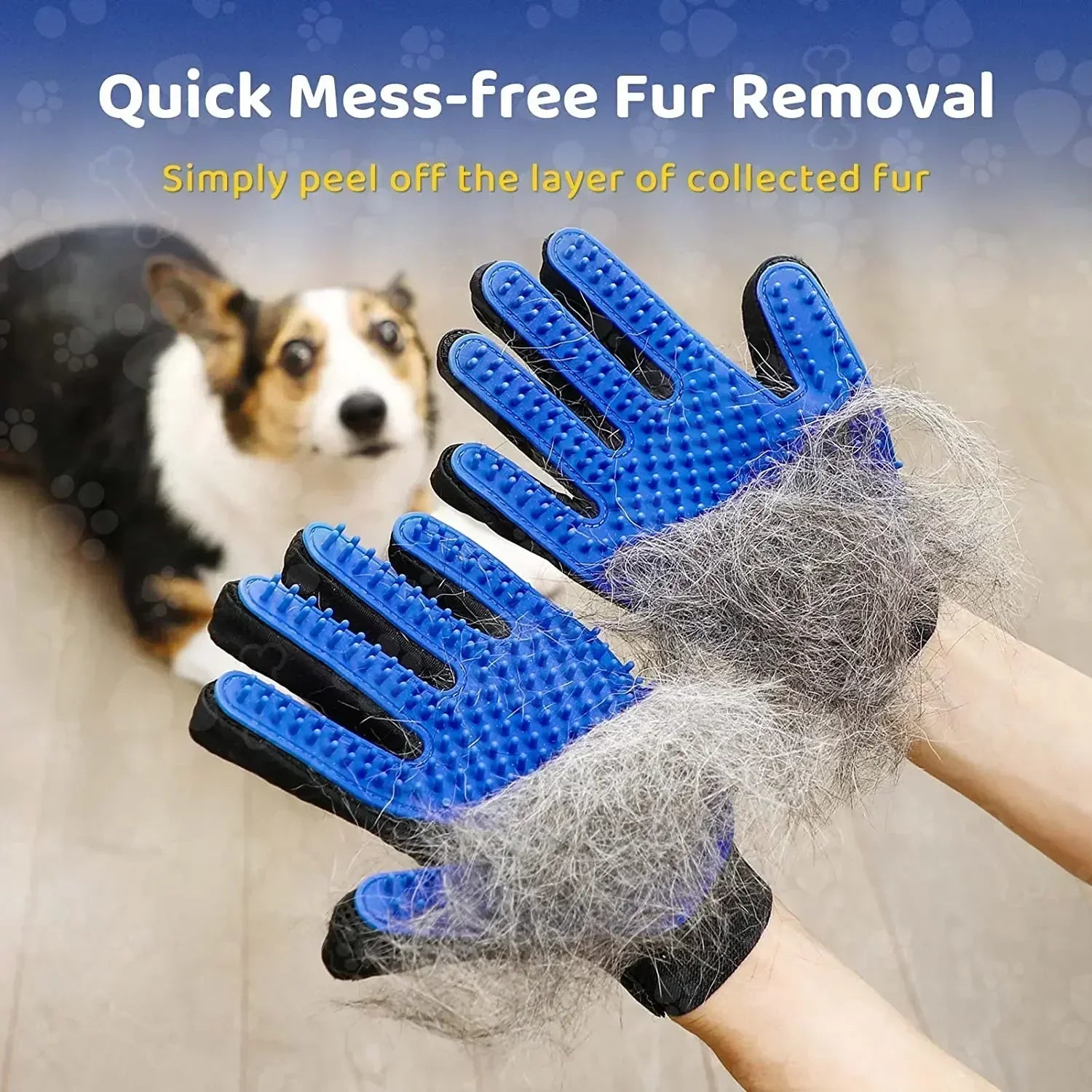 Blue pet grooming gloves with collected fur, dog in background, mess-free hair removal tool