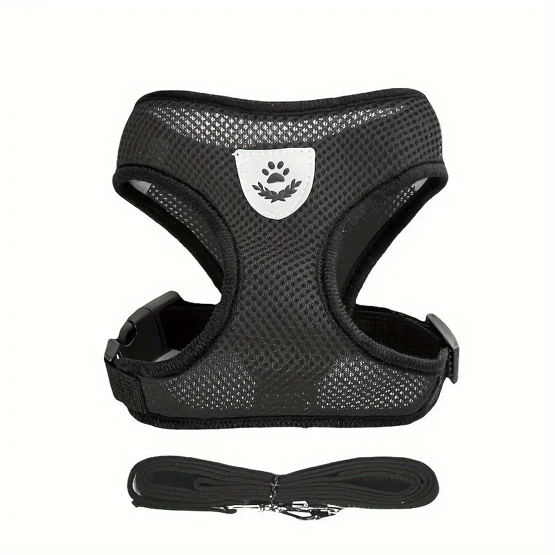 Breathable black mesh dog harness with paw emblem and matching leash for pets