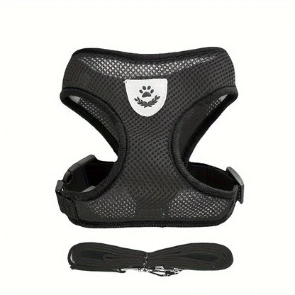 Breathable black mesh dog harness with paw emblem and matching leash for pets