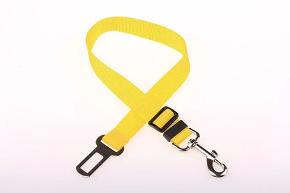 Yellow adjustable dog seat belt leash with metal clip and car buckle for pet safety