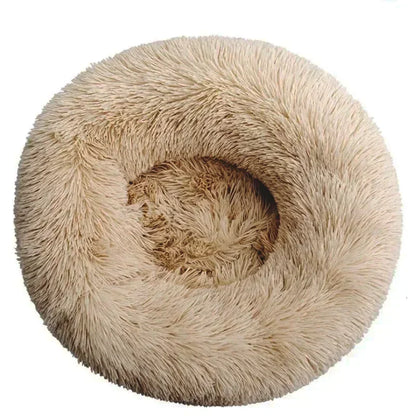 Round fluffy beige pet bed with soft shaggy texture for dogs and cats