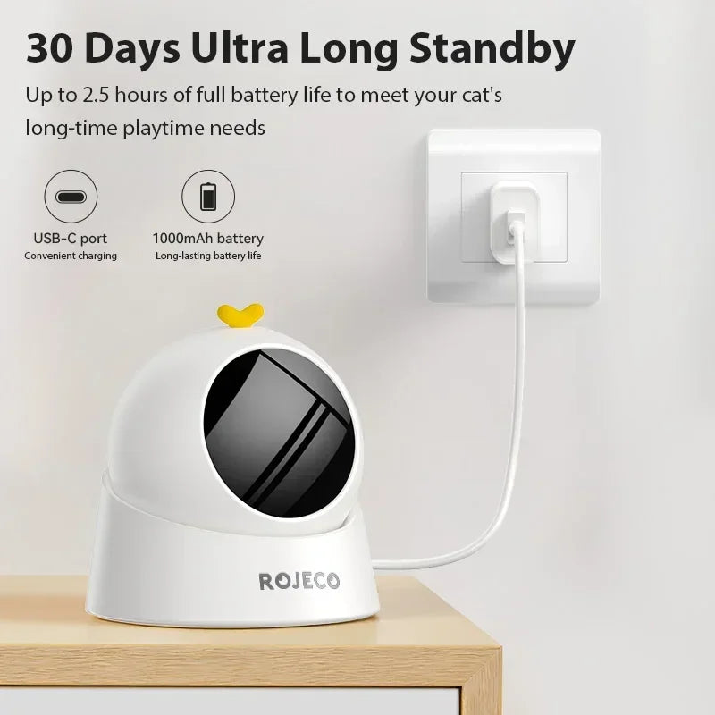Automatic interactive cat toy with USB-C charging, long battery, white modern design on table