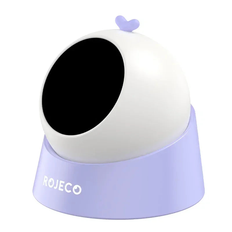 Modern purple and white cat bed with dome shape and heart accent, cozy pet house.