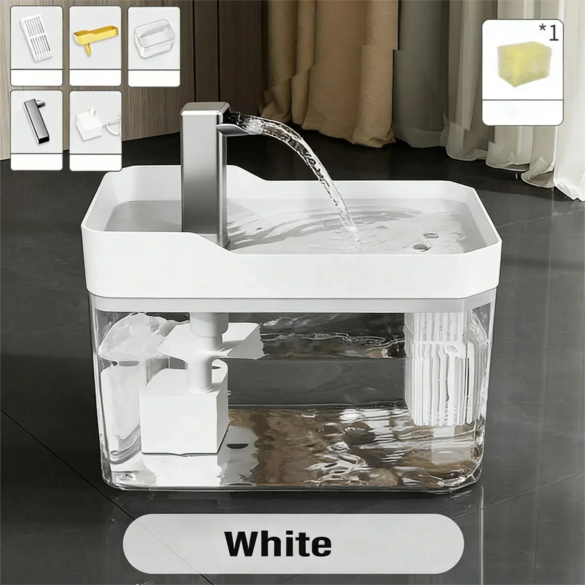 White automatic pet water fountain with filter and modern design for cats and dogs