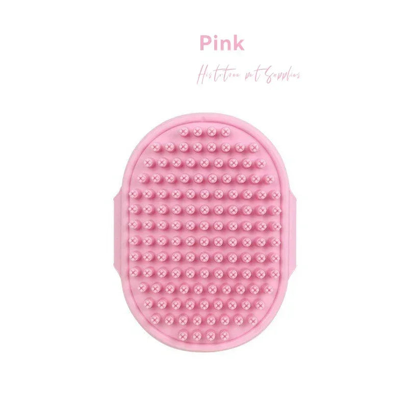Pink silicone pet grooming brush with soft bristles for dogs and cats