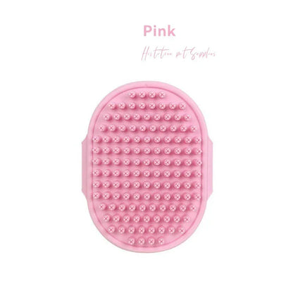 Pink silicone pet grooming brush with soft bristles for dogs and cats