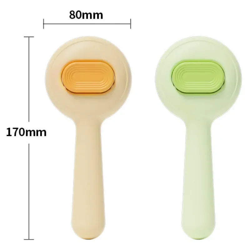 Pet grooming brushes with ergonomic handles in beige and light green, 170mm x 80mm, for cats and dogs.