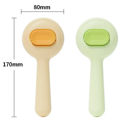 Pet grooming brushes with ergonomic handles in beige and light green, 170mm x 80mm, for cats and dogs.