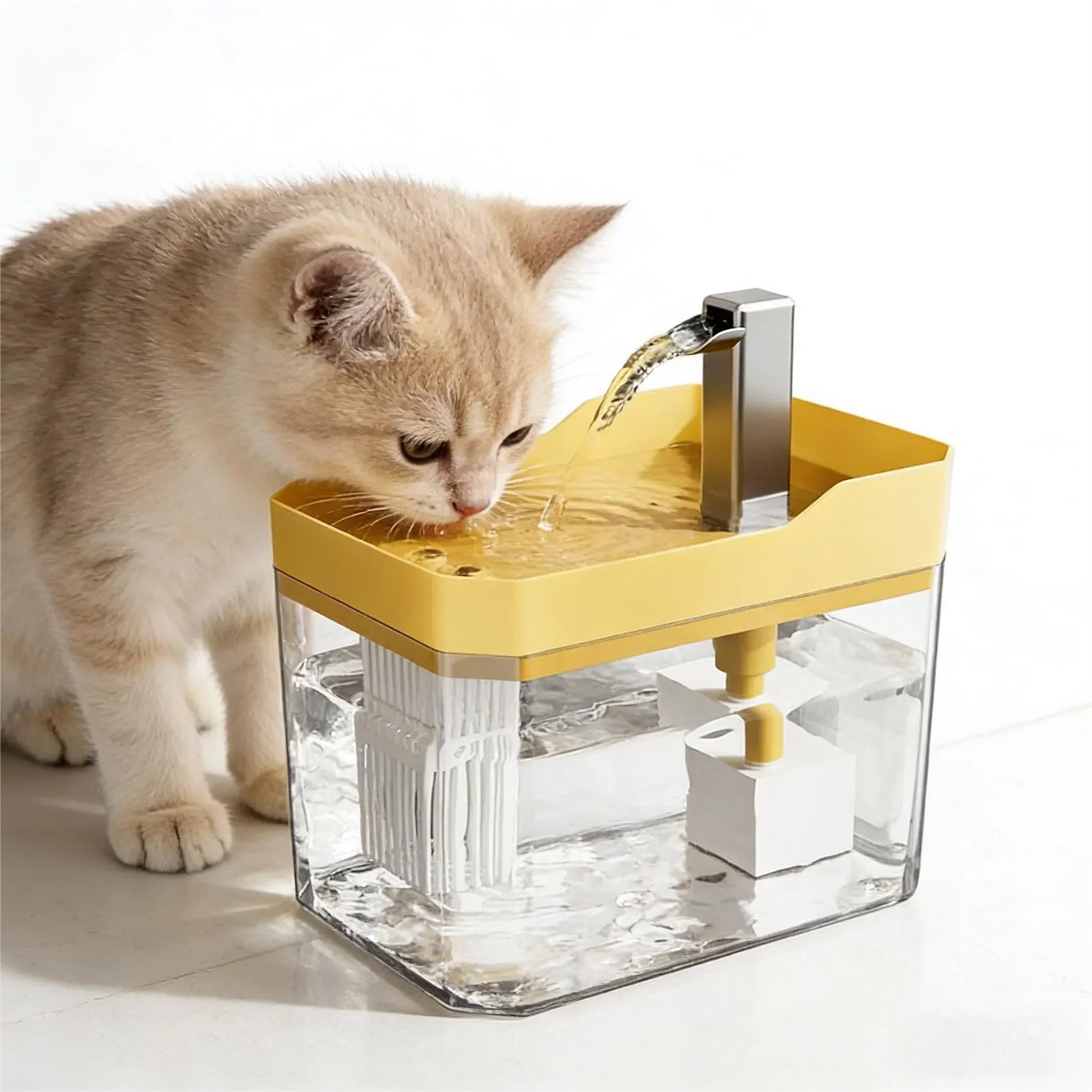 Kitten drinking from automatic pet water fountain with yellow top and clear base