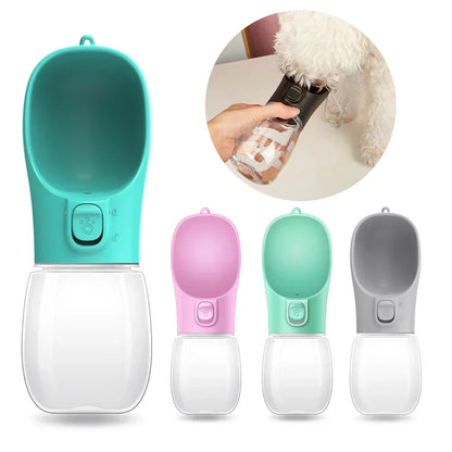 Portable dog water bottle dispenser in four colors with inset of pet drinking