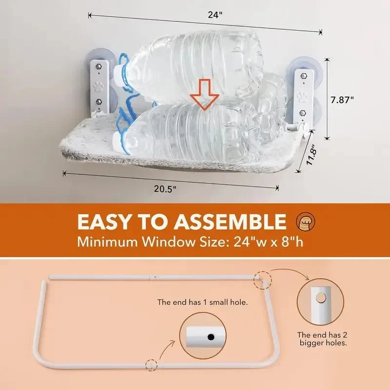 Window-mounted cat perch with support brackets, showing assembly details and required dimensions.