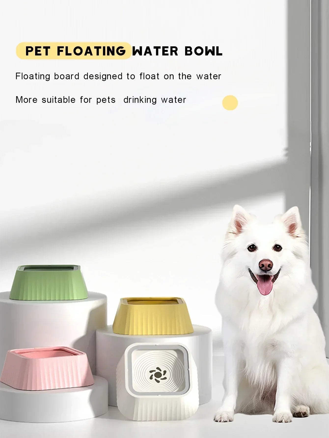 White dog sitting beside colorful floating pet water bowls on display with product text.