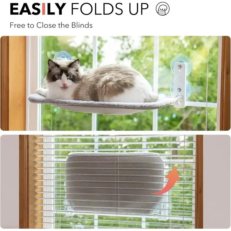 Cat lounging on a foldable window-mounted perch with suction cups, easy to close blinds.