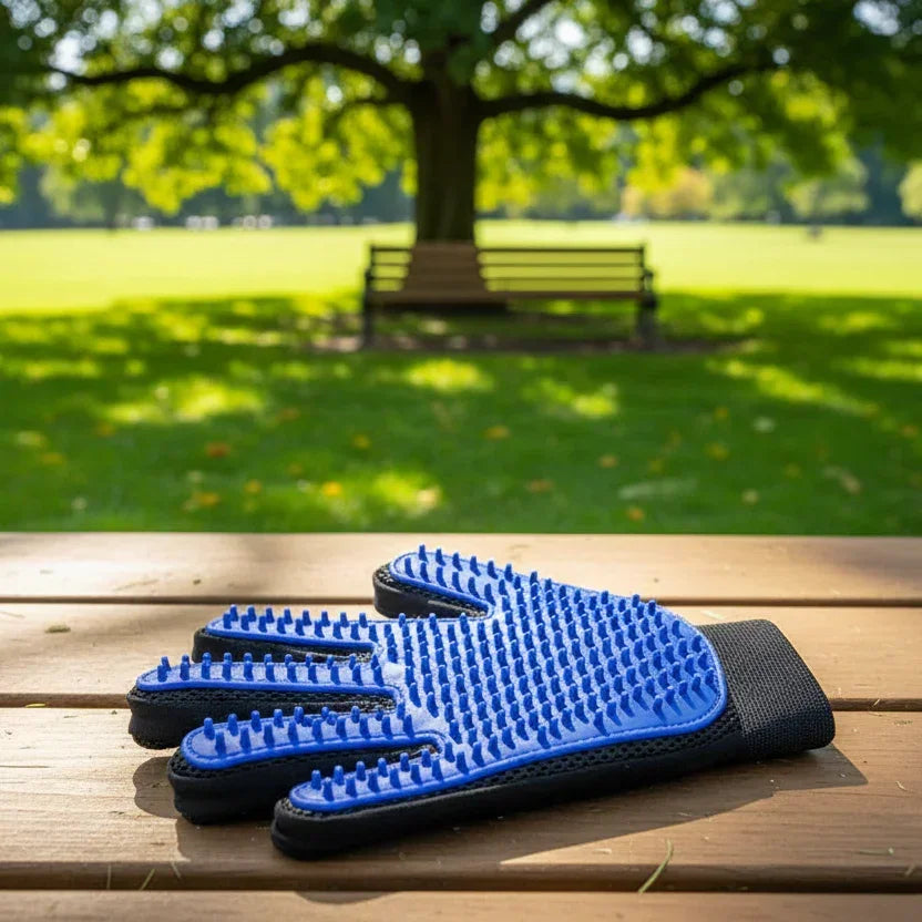 Blue pet grooming glove with rubber bristles on a wooden table in a sunny park